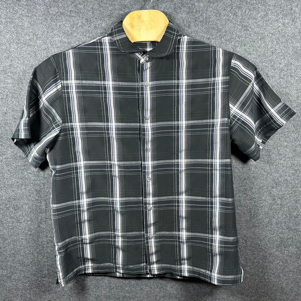 Paradise Collection‎ Mens Large Black Plaid Modal Rayon Short Sleeve Camp Shirt